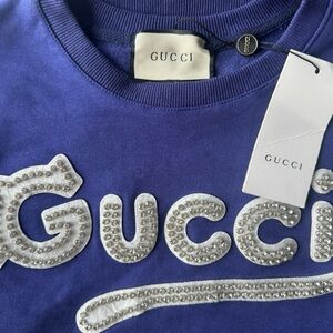 Gucci Blue Crew Neck Sweater with Rhinestones CAT Themed NWT Large